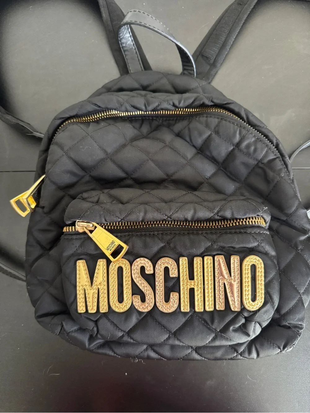 Moschino Quilted Nylon Gold Logo Black Backpack